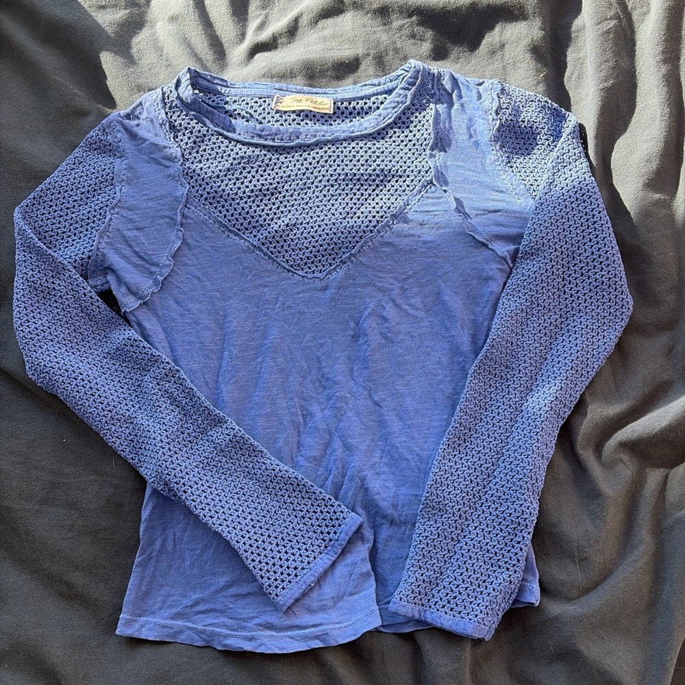 Free People Textured Blue Long Sleeve Top